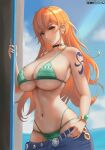  1girl belt bikini black_choker blue_pants blue_sky breasts choker closed_mouth clothes_pull day earrings english_commentary feikyart green_bikini highres jewelry large_breasts long_hair looking_at_viewer nami_(one_piece) navel one_piece orange_eyes orange_hair pants pants_pull pearl_earrings shoulder_tattoo sky smile solo string_bikini sunlight swimsuit tattoo twitter_username 