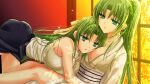  2girls ass bare_arms bare_shoulders between_breasts breasts cleavage collarbone face_to_breasts green_eyes green_hair hair_ribbon head_between_breasts head_on_chest highres higurashi_no_naku_koro_ni higurashi_no_naku_koro_ni_mei houjou_yutori incest indoors japanese_clothes kimono large_breasts long_hair looking_at_another multiple_girls obi official_art parted_lips pencil_skirt ponytail ribbon sash siblings sisters skirt sonozaki_mion sonozaki_shion sweater swept_bangs turtleneck turtleneck_sweater twincest twins white_kimono yellow_ribbon yuri 