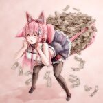  1girl animal_ear_fluff animal_ears banknote bent_over black_footwear black_pantyhose black_skirt braid breasts closed_eyes clothes_pull hakui_koyori hakui_koyori_(1st_costume) highres hololive legs_apart long_hair midriff money necktie nymph_rhythm object_in_clothes object_in_panties open_mouth panties panty_pull pantyhose pantyhose_pull pink_hair pink_necktie pink_panties pleated_skirt shirt shoes skirt sleeveless sleeveless_shirt smile solo standing tail tucked_money underwear virtual_youtuber white_shirt wolf_ears wolf_girl wolf_tail yen 