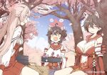  3girls abara_heiki animal_ears black_hair blue_archive bow breasts brown_hair cherry_blossoms closed_eyes gloves hair_between_eyes hair_bun hair_ribbon halo japanese_clothes kaede_(blue_archive) kimono large_breasts looking_at_viewer medium_breasts miko mimori_(blue_archive) multiple_girls official_art oppai_loli pink_hair red_bow red_gloves red_skirt ribbon short_hair sideboob skirt smile tsubaki_(blue_archive) yellow_eyes 