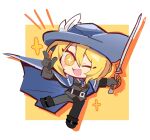  1girl black_gloves black_jacket black_pants blonde_hair blue_cape blue_headwear blue_necktie cape chibi don_quixote_(limbus_company) gloves hand_up hat_feather highres holding holding_sword holding_weapon jacket limbus_company long_sleeves necktie one_eye_closed open_mouth orange_background pants project_moon rapier smile solo south_ac sparkling_eyes sword two-tone_background weapon white_background yellow_eyes 