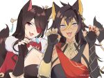  2girls :3 animal_ears asymmetrical_clothes beidou_(genshin_impact) black_gloves black_hair blonde_hair blue_eyes breasts capelet china_dress chinese_clothes claw_pose claw_ring cleavage cleavage_cutout clothing_cutout colored_eyepatch criss-cross_halter crossed_bangs dangle_earrings dark-skinned_female dark_skin dehya_(genshin_impact) dress earrings elbow_gloves eyepatch fangs fingerless_gloves fingernails fur-trimmed_capelet fur_trim gem genshin_impact gloves gold_choker hair_between_eyes hair_ears hair_intakes hair_ornament hair_over_one_eye hair_stick halterneck hands_up highres jewelry large_breasts lion_tail long_hair looking_at_viewer meili multicolored_hair multiple_girls nail_polish one_eye_covered open_mouth red_capelet red_eyes red_gemstone red_nails side-by-side single_earring smile streaked_hair tail tassel tassel_earrings twitter_username two-tone_hair upper_body white_background yellow_pupils 