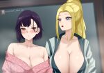  2girls absurdres amai-pai asymmetrical_bangs beatrix_amerhauser blonde_hair blue_eyes breasts cleavage collarbone english_commentary green_kimono hair_behind_ear highres huge_breasts japanese_clothes kimono large_breasts long_hair looking_at_another looking_to_the_side mikazuki_shizuka multiple_girls off_shoulder open_mouth parted_lips patreon_username pink_eyes pink_kimono ponytail purple_hair short_hair upper_body yukata zom_100:_zombie_ni_naru_made_ni_shitai_100_no_koto 