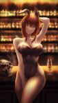  1girl absurdres alcohol animal_ears armpits bare_shoulders black_gloves breasts chainsaw_man cleavage collarbone eyebrows_hidden_by_hair fake_animal_ears fishnet_pantyhose fishnets glass gloves hair_between_eyes highres large_breasts long_hair looking_at_viewer makima_(chainsaw_man) off_shoulder open_mouth pantyhose penguintake playboy_bunny rabbit_ears red_hair skull smile solo wine yellow_eyes 