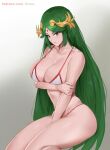 1girl arm_under_breasts bikini breasts circlet cleavage closed_mouth collarbone gradient_background green_eyes green_hair hair_ornament highres holding_own_arm invisible_chair kid_icarus kid_icarus_uprising kisou_(kisou00) large_breasts long_hair palutena patreon_username sitting solo strap_gap swimsuit thighs very_long_hair web_address 