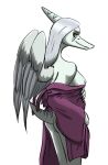  5_fingers alpha_channel amber_eyes anthro bedroom_eyes blue_body blue_skin bone_frill breasts butt clothing fang_(gvh) feathered_wings feathers female fingers frill_(anatomy) goodbye_volcano_high grey_hair hair long_hair looking_at_viewer looking_back looking_back_at_viewer narrowed_eyes nipples pterodactylus pterosaur raised_tail reptile robe scalie seductive short_tail side_boob simple_background smile snoot_game_(fan_game) snout solo standing tail transparent_background unknown_artist wings 