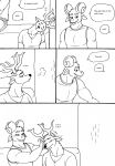  2023 5_fingers anthro antlers bernielover bernielover&#039;s_college_au blush bovid caprine clothed clothing comic deer devon_(bernielover) dialogue duo ear_twitch english_text eyes_closed fingers fur hi_res horn humanoid_hands male male/male mammal polo_shirt scratches scratching shirt smile speech_bubble t-shirt tank_top text topwear whitney_(bernielover) 
