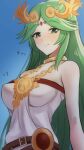  1girl bare_arms bare_shoulders breasts chiton circlet collarbone dress forehead_jewel gold gold_choker green_eyes green_hair highres jewelry kid_icarus kid_icarus_uprising kwrssbsp large_breasts laurel_crown light_blush long_hair neck_ring palutena parted_bangs pendant solo strapless strapless_dress translation_request very_long_hair white_dress 