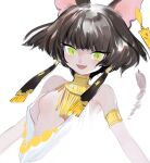  1girl animal_ears armlet bare_shoulders black_hair breasts check_copyright collar copyright_request cropped_torso dress ear_tag fang gold_collar green_eyes hair_ornament highres kaede_(shijie_heping) looking_at_viewer nipple_slip nipples open_mouth original short_hair sketch slit_pupils small_breasts smile solo white_dress 