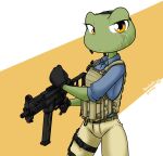  2022 amelia_(sandwich-anomaly) amphibian anthro black_clothing black_gloves black_handwear blue_clothing blue_shirt blue_topwear bottomwear bulletproof_vest clothed clothing eye_scar facial_scar female frog gloves green_body green_skin gun handwear holding_gun holding_object holding_weapon looking_at_viewer pants ranged_weapon sandwich-anomaly scar shirt simple_background solo standing tan_bottomwear tan_clothing tan_pants topwear ump45 weapon yellow_eyes 