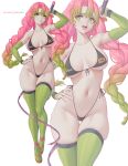  1girl absurdres bikini black_bikini breasts green_eyes green_hair green_thighhighs hand_on_own_hip highleg highleg_bikini highres holding holding_sword holding_weapon kanroji_mitsuri kimetsu_no_yaiba large_breasts long_hair melowh micro_bikini mole mole_under_eye multicolored_hair multiple_views navel open_mouth pink_hair pornhub stomach swimsuit sword thighhighs thighs two-tone_hair very_long_hair weapon whip_sword 