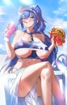  absurdres bikini blue_bikini blue_eyes blue_hair blue_sky blush breasts burger chair cloud covered_nipples crossed_legs cup curvy day drinking drinking_straw drinking_straw_in_mouth food hair_ornament highres holding holding_cup holding_food korean_commentary large_breasts long_hair looking_at_viewer mixed-language_commentary navel ocean original outdoors sarong shio05_(05_sio) sitting sky swimsuit thighs very_long_hair visor_cap white_sarong 
