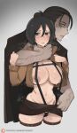  1boy 1girl ass bad_hands black_eyes black_hair blush bob_(bobtheneet) breasts brown_jacket brown_skirt cropped_legs curvy dark-skinned_male dark_skin eren_yeager furrowed_brow groin hair_between_eyes highres huge_breasts jacket large_areolae long_sleeves looking_away mikasa_ackerman miniskirt navel open_clothes open_jacket parted_lips patreon_username plump shingeki_no_kyojin skirt slingshot steam sweat 