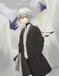  1boy absurdres arene_(arknights) arknights bag black_jacket black_pants blurry blurry_background closed_mouth collared_shirt depth_of_field dress_shirt green_eyes grey_hair hair_between_eyes halo highres jacket kaprice looking_at_viewer male_focus open_clothes open_jacket pants shirt smile solo twitter_username white_shirt 