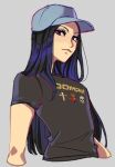  1other alternate_costume androgynous baseball_cap black_hair black_shirt blue_headwear cross dungeonbgm emoji grey_background guilty_gear guilty_gear_strive hat heart highres latin_cross long_hair looking_at_viewer other_focus red_eyes shirt skull t-shirt testament_(guilty_gear) 