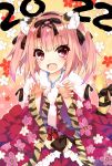  1girl 2022 animal_ears black_bow black_ribbon bow claw_pose commentary cowboy_shot facial_mark fangs floral_background floral_print fur_collar furisode hair_ribbon hands_up highres iriam japanese_clothes kemonomimi_mode kimono light_blush medium_hair open_mouth pink_eyes pink_hair pink_nails red_kimono ribbon saeki_touma skin_fangs smile solo symbol-only_commentary tail tail_bow tail_ornament tail_ribbon tiger_ears tiger_tail two_side_up yumemi_tete 