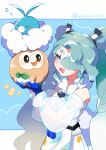  1girl :d absurdres bird blue_eyes blue_gloves blue_hair closed_eyes commentary_request detached_sleeves dokosa_hekisa double_bun flying_miku_(project_voltage) gloves hair_bun hair_over_one_eye hands_up hatsune_miku highres holding holding_pokemon long_hair looking_at_another open_mouth pokemon pokemon_(creature) pokemon_on_arm project_voltage rowlet see-through see-through_sleeves sleeping smile swablu twintails twitter_username very_long_hair vocaloid wind_chime zzz 