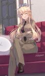  1girl absurdres alternate_costume artist_name blonde_hair blue_eyes brown_footwear commentary_request couch crossed_arms crossed_legs headgear highres himeyamato indoors iowa_(kancolle) kantai_collection long_hair looking_at_viewer military_uniform on_couch one_eye_closed paid_reward_available shirt_tucked_in sitting solo star-shaped_pupils star_(symbol) symbol-shaped_pupils uniform 