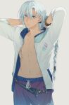  1boy arms_behind_head blue_eyes blue_hair bracelet braid collarbone gohankue hair_between_eyes highres jacket jewelry long_hair looking_at_viewer male_focus male_swimwear no_shirt official_alternate_costume open_clothes open_jacket solo swim_trunks tales_of_(series) tales_of_rebirth toned toned_male veigue_lungberg wet white_background white_jacket 