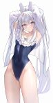  1girl :o absurdres animal_ears armpits arms_up blue_archive blue_one-piece_swimsuit blush covered_navel fake_animal_ears frilled_one-piece_swimsuit frills grey_hair groin highres looking_at_viewer miyako_(swimsuit)_(blue_archive) one-piece_swimsuit purple_eyes rabbit_ears reneua shirt simple_background solo swimsuit water_drop white_background white_shirt 