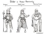  3girls armor armored_boots armored_dress belt bikini_armor boots gambargin highres lance multiple_girls original polearm sword tagme weapon 