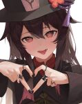  1girl absurdres bad_id bad_pixiv_id black_hat black_nails blush brown_hair chinese_clothes collared_coat flower flower-shaped_pupils genshin_impact hair_between_eyes hat hat_flower hat_tassel heart heart_hands highres hu_tao_(genshin_impact) inakanoinonaka jewelry long_hair multiple_rings open_mouth plum_blossoms porkpie_hat portrait ring sidelocks simple_background solo swept_bangs symbol-shaped_pupils thumb_ring tongue tongue_out white_background 