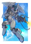  2022 4_fingers aircraft anthro chengdu_j-20 cloud day eyes_closed female fingers firing_weapon flying grey_body gun hi_res holding_gun holding_object holding_weapon living_aircraft living_machine living_vehicle machine metallic_body outside ranged_weapon sat_v12 smile solo tail vehicle weapon 