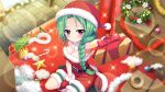  1girl bare_shoulders belt between_legs black_belt black_footwear box braid breasts brick_floor candy candy_cane cardboard_box christmas_ornaments christmas_wreath cleavage closed_mouth dot_nose dress duct_tape film_grain food from_above game_cg gift green_hair hand_between_legs hat holding holding_gift incoming_gift izumi_tsubasu large_breasts layered_dress lens_flare long_braid long_hair looking_at_viewer merry_christmas neck_garter non-web_source official_art re:stage! santa_costume santa_dress santa_hat shirokita_kuroha single_braid sitting smile solo sparkle star_(symbol) strapless strapless_dress tinsel wariza wreath yellow_eyes 