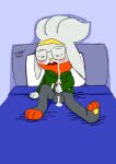  absurd_res anthro bed bed_covers bedding bedroom blush bodily_fluids clothing cum cum_drip cum_on_face cumshot cumshot_on_face dripping ejaculation eyes_closed eyewear furniture generation_8_pokemon genital_fluids genitals glasses hi_res hoodie lagomorph leporid male mammal masturbation mrraboot nintendo open_mouth outerwear penis pokemon pokemon_(species) presenting presenting_balls presenting_penis rabbit raboot shaded simple_background simple_shading solo topwear 
