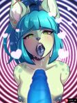  anthro blue_hair blue_tongue blush bodily_fluids breasts collarbone drooling female genitals green_eyes hair hi_res long_hair medium_breasts mind_control nipple_piercing nipples open_mouth penis piercing ponytail saliva species_request spiral_eyes tongue tongue_out ziffir 