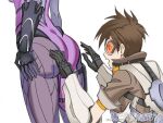  2girls artist_request ass bad_source gloves goggles jacket leather leather_jacket looking_at_ass multiple_girls orange_goggles overwatch overwatch_1 simple_background tracer_(overwatch) widowmaker_(overwatch) 