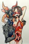  anthro black_body black_fur blood blood_on_hand blush bodily_fluids bone bovid breast_torture breasts caprine crying duo exposed_bone exposed_breast_tissue exposed_organs fatal_wound female fluffy fur g4cruf0 goat gore guts gutted hand_behind_head horizontal_pupils horn human intestines liver mammal masochism mutilation nude open_mouth open_smile organs pupils ribs smile snuff stomach tears 