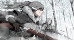  1boy 1girl 2others backpack bag battle blush breath coat cold forest gogalking grey_hair grey_jacket gun highres hood hood_down jacket multiple_others nature original ponytail rifle shell_casing snow snowing tagme tree war weapon winter_clothes winter_coat winter_uniform 