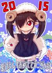  1girl 1other 2015 :&lt; animal animalization backbeako backbeard behind_another black_dress black_gloves black_hair black_thighhighs blush closed_mouth commentary_request dated dress elbow_gloves father_and_daughter floral_background fur-trimmed_dress fur-trimmed_gloves fur-trimmed_thighhighs fur_trim gegege_no_kitarou gloves hair_over_one_eye hands_on_lap happy_new_year horns kneeling long_hair looking_at_another looking_at_viewer looking_up nengajou new_year one_eye_closed original pointy_ears purple_background red_eyes ringed_eyes sheep sheep_hat sheep_horns shoes simple_background sleeveless sleeveless_dress solo_focus straight-on thighhighs torotei translation_request twintails 