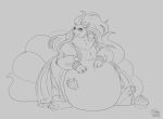  2022 9_tails alolan_form alolan_ninetales biglovealicia black_and_white bloated blush blush_lines bottomwear cheek_tuft chest_tuft claws clothed clothing cupcake digital_drawing_(artwork) digital_media_(artwork) digitigrade facial_tuft female feral food hair hands_on_belly hi_res holowear_(pokemon) huge_belly inner_ear_fluff leg_tuft line_art long_hair looking_at_viewer monochrome morbidly_obese morbidly_obese_female multi_tail neck_tuft nintendo obese obese_female overweight overweight_female partially_clothed pokemon pokemon_(species) pokemon_unite regional_form_(pokemon) signature simple_background sitting sitting_on_ground sketch skirt smile solo stuffing stuffing_(food) tail thick_thighs torn_clothing tuft weight_gain 