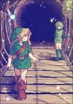  1boy 1girl belt blonde_hair boots brown_footwear collar commentary_request fairy floating green_collar green_footwear green_hair green_headwear green_tunic kwsby_124 link navi pointy_ears saria_(zelda) short_hair the_legend_of_zelda the_legend_of_zelda:_ocarina_of_time walking wooden_bridge young_link 
