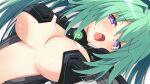  1girl blush breasts cleavage green_hair green_heart highres iwashi_dorobou_-r- kami_jigen_game_neptune_v large_breasts long_hair looking_at_viewer neptune_(series) open_mouth ponytail power_symbol purple_eyes revealing_clothes solo symbol-shaped_pupils very_long_hair 