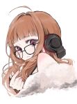  1girl ahoge bare_shoulders black-framed_eyewear blunt_bangs brown_hair closed_mouth finger_heart fur_trim glasses headphones highres iq033 long_hair looking_at_viewer looking_over_eyewear persona persona_5 portrait purple_eyes sakura_futaba simple_background solo white_background 