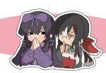  2girls black_eyes black_hair blush bow chibi commentary_request cookie_(touhou) earrings hair_between_eyes hair_bow hair_ornament hairclip hakurei_reimu jacket jewelry long_bangs long_hair looking_at_another looking_to_the_side multiple_girls nahori_(hotbeans) open_mouth outline own_hands_together pink_background purple_bow purple_jacket red_bow shunga_youkyu sidelocks star_(symbol) star_earrings star_sapphire steepled_fingers touhou upper_body white_background white_outline yellow_eyes yuyusu_(cookie) 