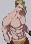  1boy abs absurdres achilles_(fate) bandaid bandaid_on_face bandaid_on_nose boxing_gloves collarbone fate_(series) green_hair grey_background grimace haruakira highres large_pectorals male_focus mature_male muscular muscular_male orange_shorts pectorals short_hair shorts simple_background solo upper_body yellow_eyes 