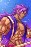  1boy abs bara bare_pectorals bhima_(fate) collarbone dark-skinned_male dark_skin fate/grand_order fate_(series) highres holding holding_weapon long_hair looking_to_the_side male_focus muscular muscular_male pectorals purple_eyes purple_hair purple_vest simple_background smile solo twitter_username upper_body vest weapon yaekaidou 