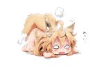  1girl ahoge animal_ear_fluff animal_ears blonde_hair blush chibi commentary fox_ears fox_tail kazekiri long_hair messy_hair multiple_tails nude o_o open_mouth original simple_background solo steam symbol-only_commentary tail top-down_bottom-up water wavy_mouth wet white_background 
