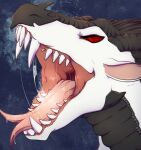  ambiguous_gender beady_eyes bodily_fluids dragon fangs feral forked_tongue grey_body grey_horn grey_scales hi_res horn lionfloof mouth_shot open_mouth red_eyes red_tongue saliva saliva_on_tongue saliva_string scales scalie sharp_teeth simple_background solo teeth tongue white_body 