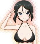  1girl bikini black_bikini black_hair blue_eyes blush breasts chouno_ami cleavage closed_mouth collarbone girls_und_panzer gogopaint large_breasts looking_at_viewer salute short_hair simple_background smile solo swimsuit upper_body 