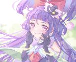  1girl blush bow cure_magical diamond-shaped_brooch earrings gloves hair_bow hair_ornament hands_on_own_cheeks hands_on_own_face hat highres izayoi_liko jewelry lilylily0601 long_hair looking_at_viewer magical_girl mahou_girls_precure! mini_hat mini_witch_hat pink_eyes pom_pom_(clothes) pom_pom_hair_ornament precure purple_hair red_bow simple_background smile solo witch_hat 