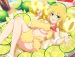  1girl :3 alcohol bare_shoulders berry blonde_hair blue_eyes blush breasts collarbone condensation crustacean cup drink drinking_glass food food_as_clothes food_on_body food_on_breasts fruit green_eyes hair_between_eyes heterochromia ice ice_cube in_food lace large_breasts light_particles lime_(fruit) lime_slice liquor looking_at_viewer lying navel nyotaimori official_alternate_costume official_art on_back open_mouth paw_pose plate ryouna_(senran_kagura) senran_kagura senran_kagura_new_link senran_kagura_shinovi_versus shiny_skin short_hair shrimp shrimp_tempura smile solo sparkle strawberry table tempura tongue underboob window wooden_table yaegashi_nan 