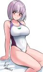  1girl arm_support bare_shoulders bed_sheet breasts closed_mouth competition_swimsuit covered_navel gridman_universe highleg highleg_swimsuit highres large_breasts light_blush looking_at_viewer one-piece_swimsuit purple_eyes purple_hair shinjou_akane short_hair signature simple_background sitting smile solo ssss.gridman swimsuit thighs twitter_username white_background white_one-piece_swimsuit yoo_tenchi 