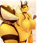  2023 antennae_(anatomy) anthro arm_under_breasts arthropod arthropod_abdomen artist_name bee_berry belly big_belly big_breasts big_butt breasts brown_body brown_fur butt chest_tuft digital_drawing_(artwork) digital_media_(artwork) female fluffy fur green_eyes half-closed_eyes heart_(marking) holding_object huge_butt hymenopteran insect multicolored_body multicolored_fur narrowed_eyes navel nipples orange_nipples orange_towel pregnant pregnant_anthro pregnant_female rakkyoarts scrub_brush simple_background solo thick_thighs towel tuft wasp wide_hips wings yearning yellow_body yellow_fur 