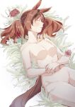  1girl absurdres animal_ears breasts brown_hair closed_eyes commentary flower grass groin highres hope_fantasy horse_ears nice_nature_(umamusume) no_nipples nude own_hands_together parted_lips red_flower sleeping small_breasts solo stomach tail thighs twintails umamusume 