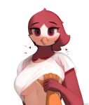  &lt;3 absurd_res avian beak bird blossom_(chickhawk96) blush breasts chickhawk96 clothed clothing clothing_lift female first_person_view guided_breast_grab hi_res looking_at_viewer red_body red_eyes shirt solo topwear under_boob wrist_grab 